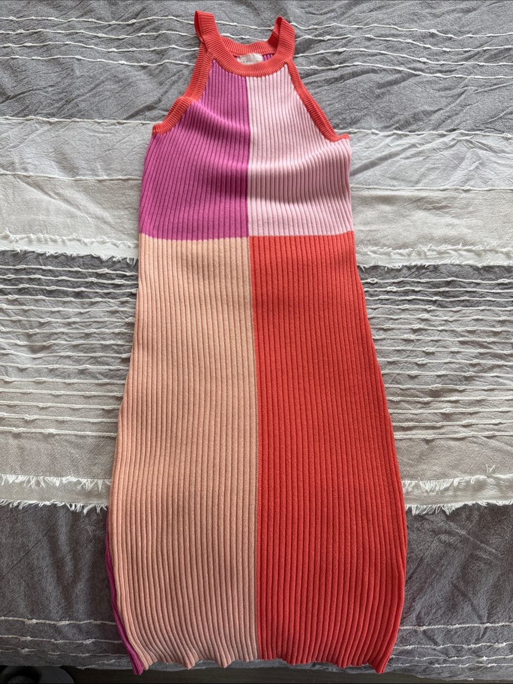 Colorblock Ribbed Halter Midi Dress - Pink/Peach/Coral